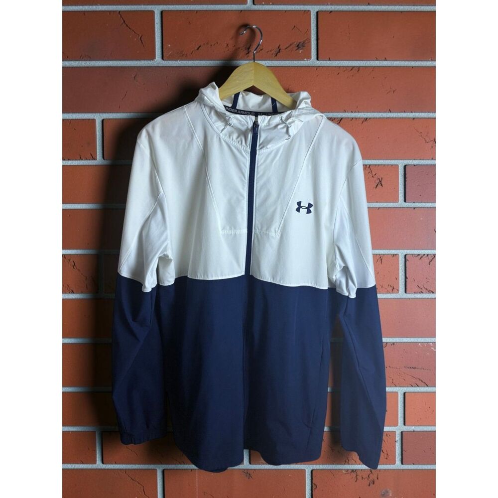 Under Armour Fitted Hooded Windbreaker Jacket Men's Large White Navy Full Zip